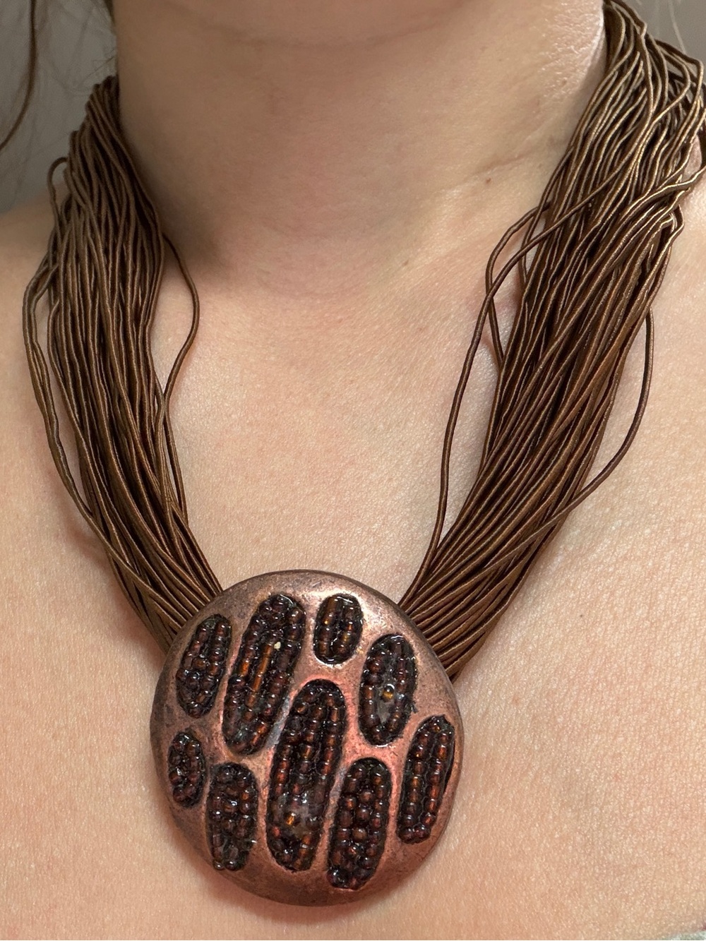 Boho Multi Strand Cord Necklace Copper Statement Pendant Earthy Artisan Jewelry